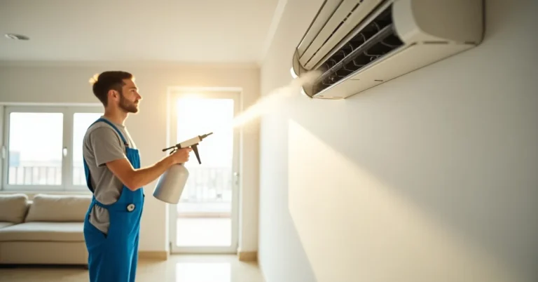 Technician applying anti-microbial sanitization fog into AC ducts in a Dubai home