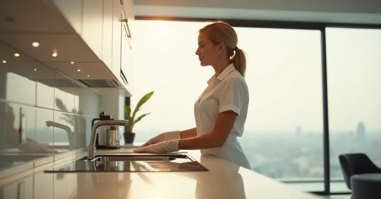 Professional deep cleaning team cleaning the kitchen, bathroom, and bedroom of a modern Dubai apartment