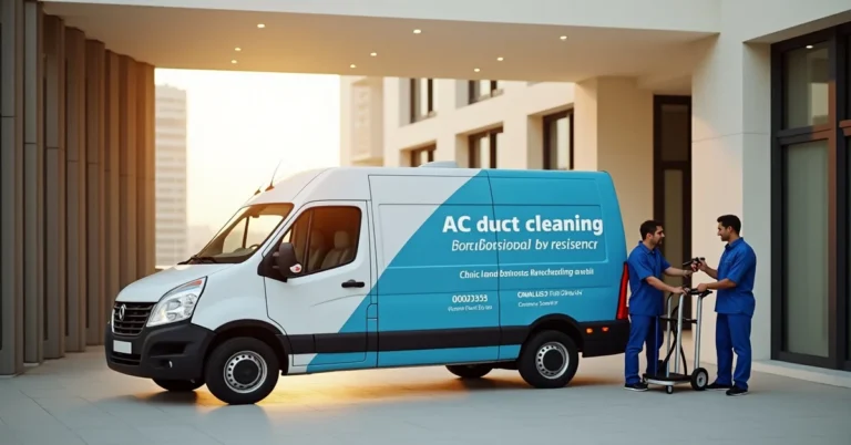 SMS Cleaning HVAC technician performing professional AC duct cleaning in a Dubai villa