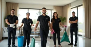 Professional cleaning team arriving at a modern Dubai apartment building for a scheduled cleaning service
