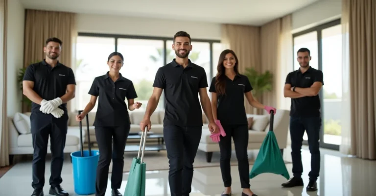 Professional cleaning team arriving at a modern Dubai apartment building for a scheduled cleaning service