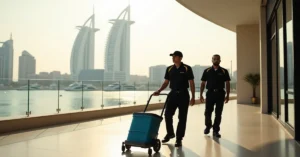 Cleaning team servicing a Dubai Marina tower apartment with the marina skyline visible