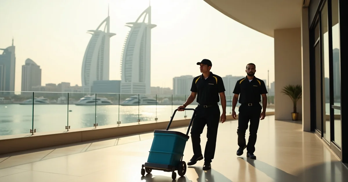 Cleaning team servicing a Dubai Marina tower apartment with the marina skyline visible
