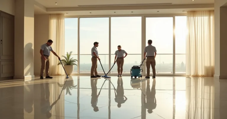 Clean bright modern Dubai apartment living room and kitchen after a professional cleaning service
