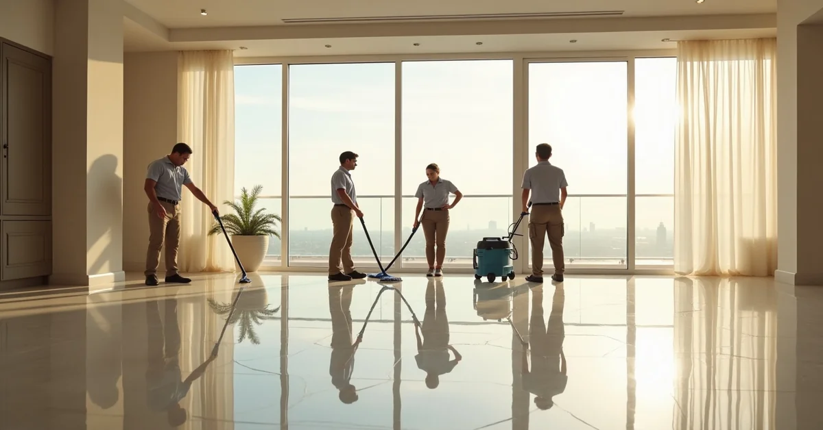 Clean bright modern Dubai apartment living room and kitchen after a professional cleaning service