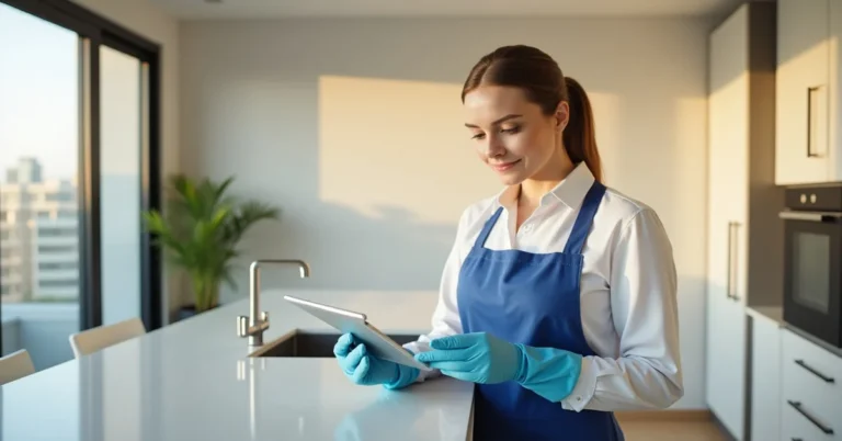 Deep cleaning team and equipment in a Dubai apartment with pricing information overlay