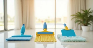 Side-by-side illustration showing three levels of home cleaning in a Dubai apartment