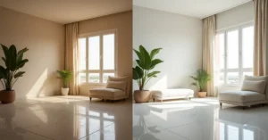 Side-by-side comparison of regular cleaning and deep cleaning in a Dubai apartment bathroom