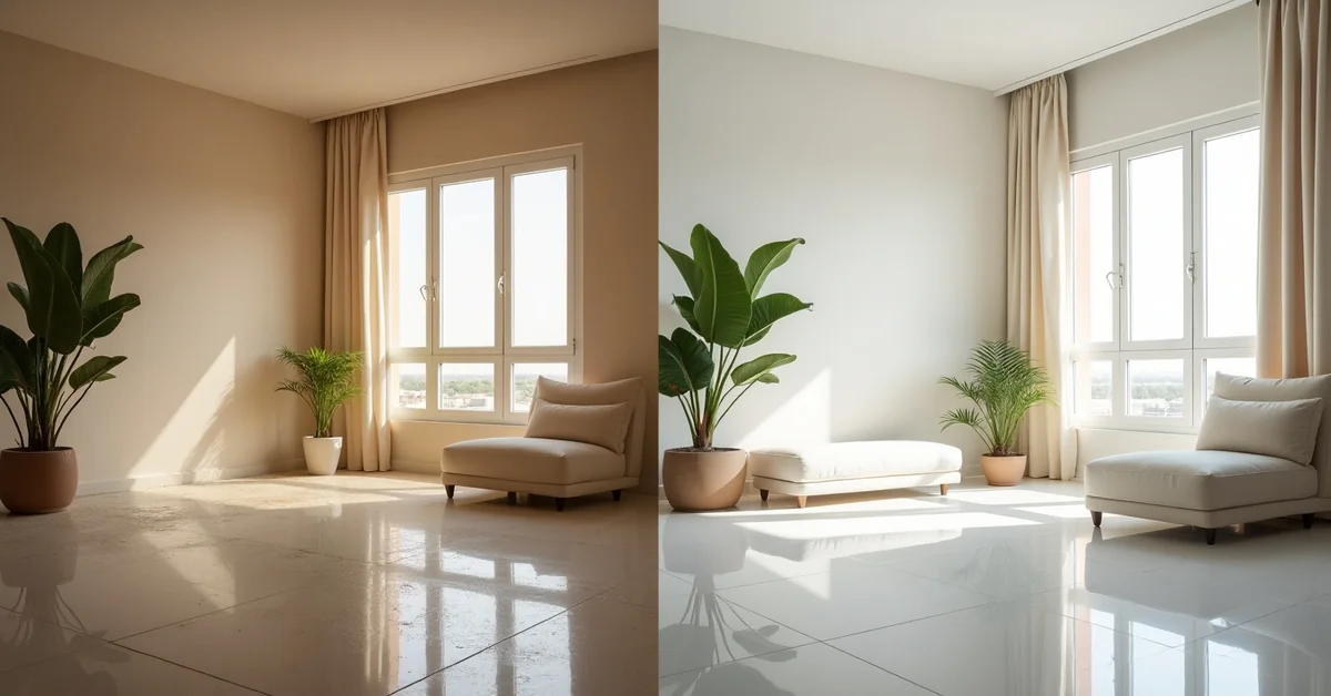 Side-by-side comparison of regular cleaning and deep cleaning in a Dubai apartment bathroom