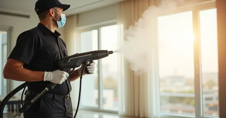 Professional disinfection technician in PPE spraying sanitizing solution in a Dubai apartment