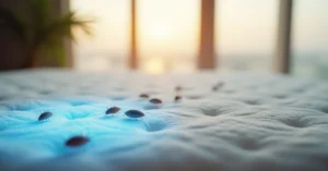 Microscopic close-up of dust mites in mattress fabric with allergic person sleeping in background Dubai bedroom