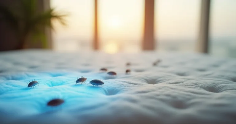 Microscopic close-up of dust mites in mattress fabric with allergic person sleeping in background Dubai bedroom