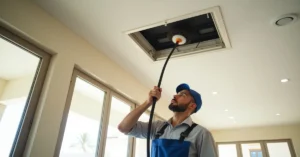 Technician inspecting AC duct outlet in a Dubai apartment to determine cleaning frequency