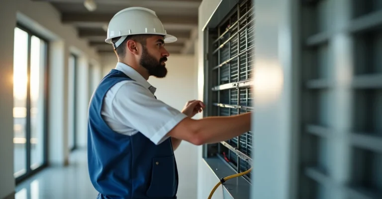 HVAC technician cleaning commercial air duct system in a Dubai office building