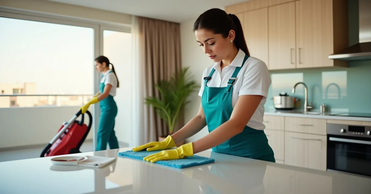 Professional maid cleaning a modern Dubai apartment living room