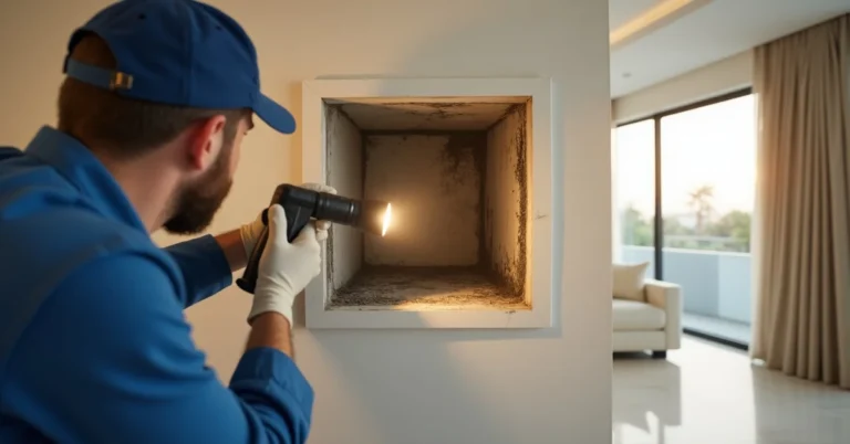 Mould visible on AC duct outlet grill and duct interior in a Dubai apartment HVAC system