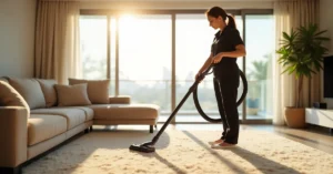 Professional maid cleaning a modern Dubai apartment kitchen as part of a monthly maid service schedule