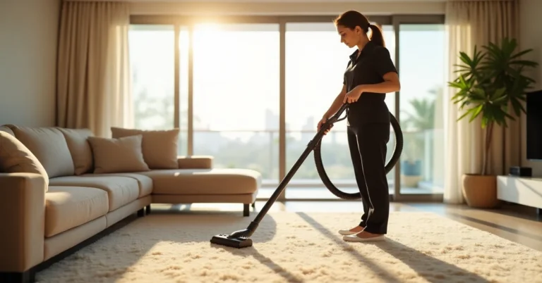 Professional maid cleaning a modern Dubai apartment kitchen as part of a monthly maid service schedule