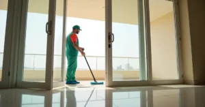 Empty Dubai apartment being professionally cleaned before key handover to landlord