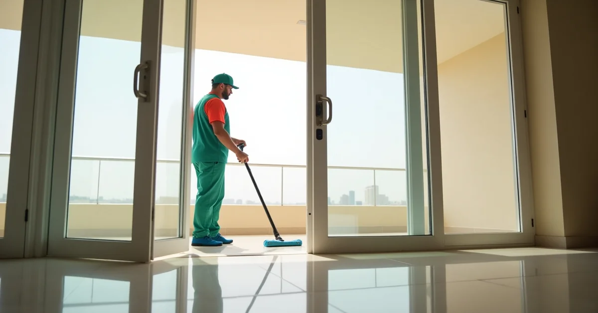 Empty Dubai apartment being professionally cleaned before key handover to landlord