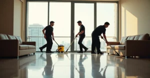 Commercial cleaning team performing office deep cleaning in a Dubai workspace after business hours