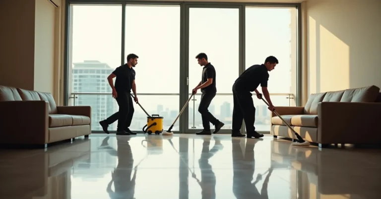 Commercial cleaning team performing office deep cleaning in a Dubai workspace after business hours