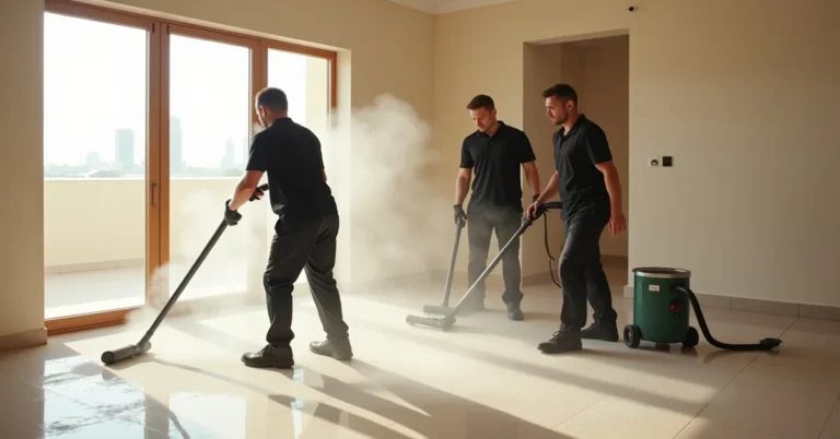 Specialist cleaning team removing post-construction dust from a newly renovated Dubai apartment