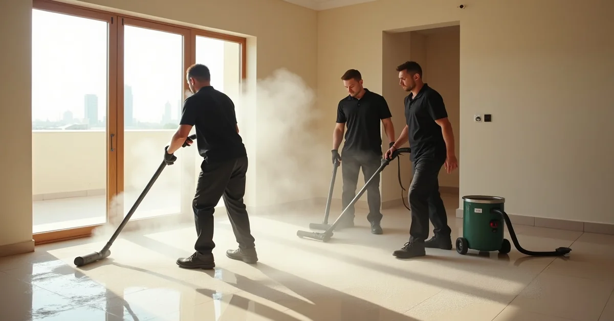 Specialist cleaning team removing post-construction dust from a newly renovated Dubai apartment