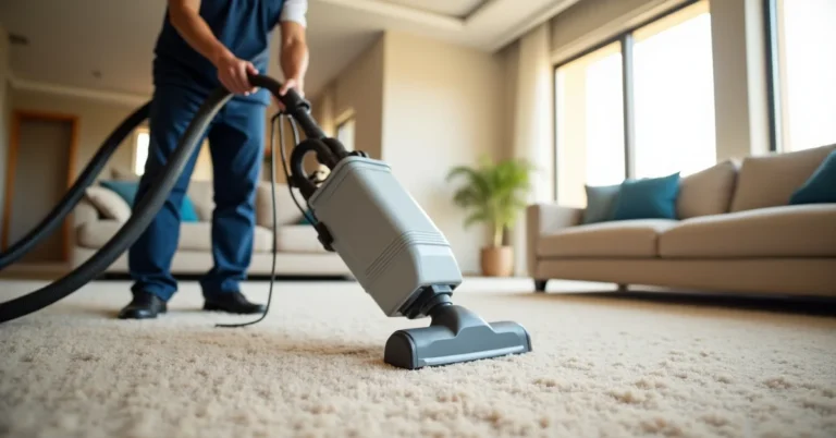 Professional carpet cleaning technician steam cleaning a living room carpet in a Dubai villa