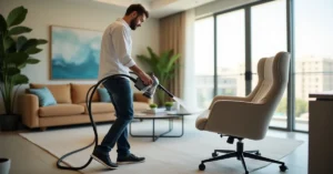 Professional technician steam-cleaning a fabric dining chair in a Dubai apartment