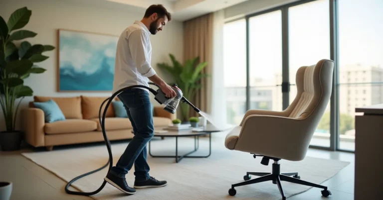 Professional technician steam-cleaning a fabric dining chair in a Dubai apartment