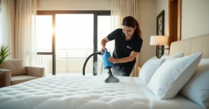 Mattress cleaning technician using a UV light sanitiser on a queen-sized mattress in a Dubai bedroom