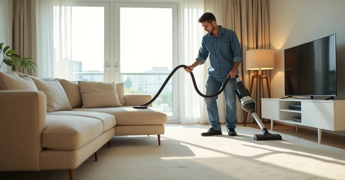 Professional sofa cleaning technician steam cleaning a fabric sofa in a Dubai apartment