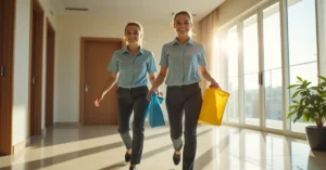 Same-day maid service cleaner arriving at a Dubai apartment ready to clean