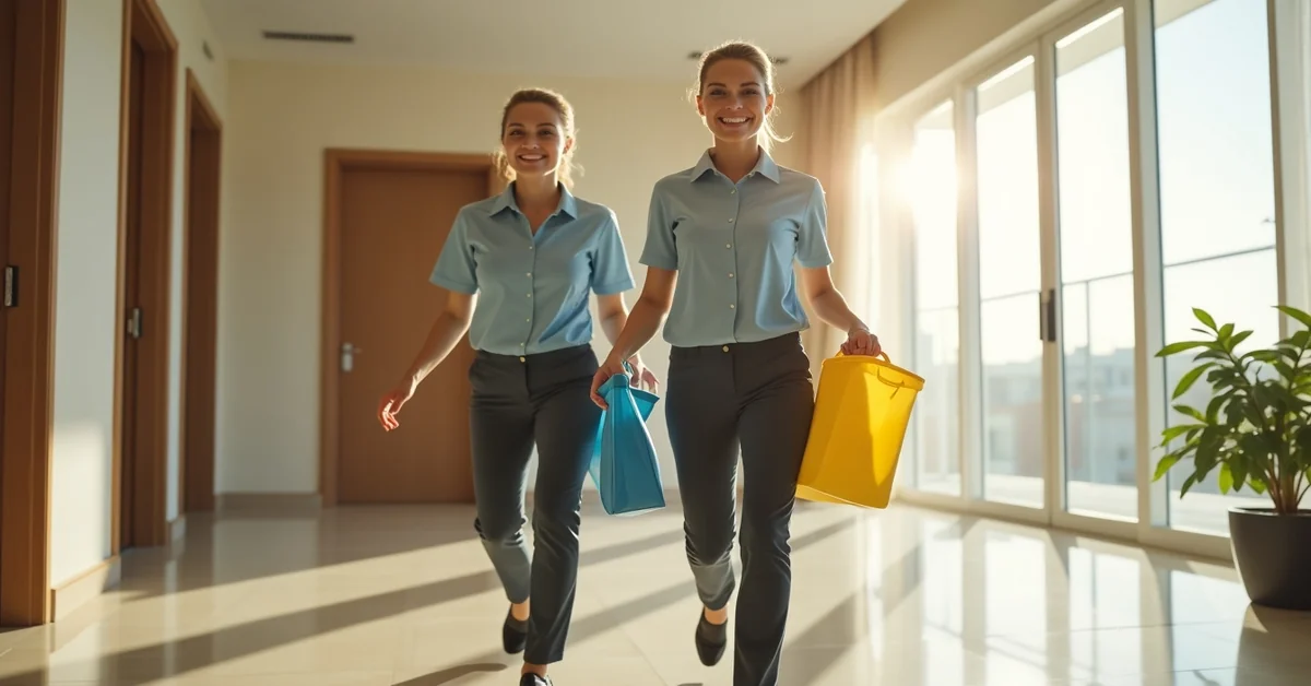 Same-day maid service cleaner arriving at a Dubai apartment ready to clean
