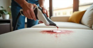Professional sofa stain removal treatment on a fabric sofa in a Dubai apartment