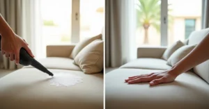 Side-by-side comparison of steam sofa cleaning and dry-foam sofa cleaning in Dubai homes