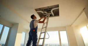 Technician cleaning a central AC duct system in a Dubai villa with HEPA vacuum and rotary brush