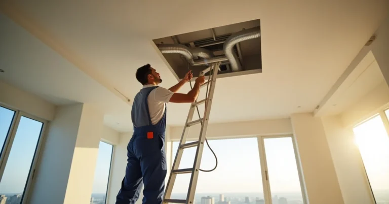 Technician cleaning a central AC duct system in a Dubai villa with HEPA vacuum and rotary brush