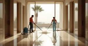 Professional deep cleaning team working across multiple floors of a Dubai villa with specialist equipment