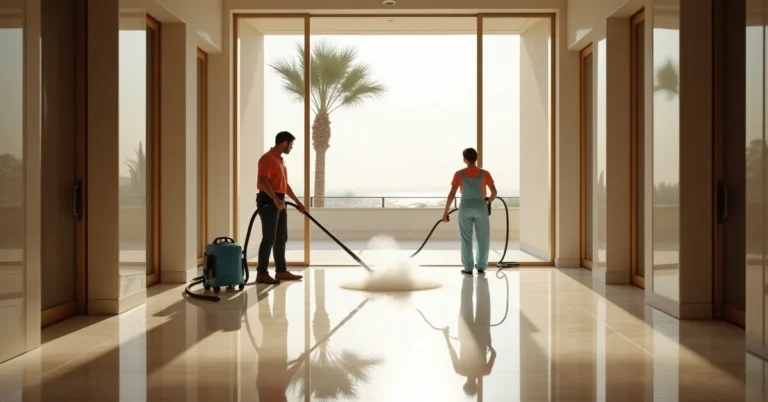 Professional deep cleaning team working across multiple floors of a Dubai villa with specialist equipment