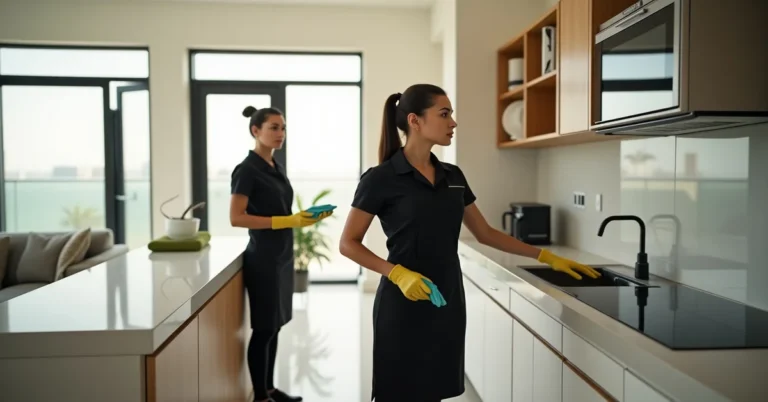 Uniformed Dubai maid service team cleaning a kitchen and bathroom side by side