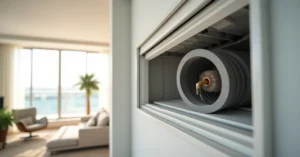 AC duct cleaning technician using rotary brush and HEPA vacuum equipment in a Dubai apartment ceiling duct