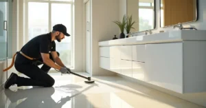 Professional deep cleaning team using specialist equipment to clean a Dubai apartment kitchen and bathroom